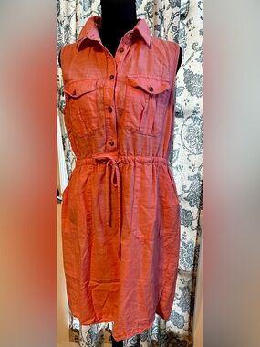 Time and Tru Coral Sleeveless Button-Front Midi Dress with Drawstring Waist